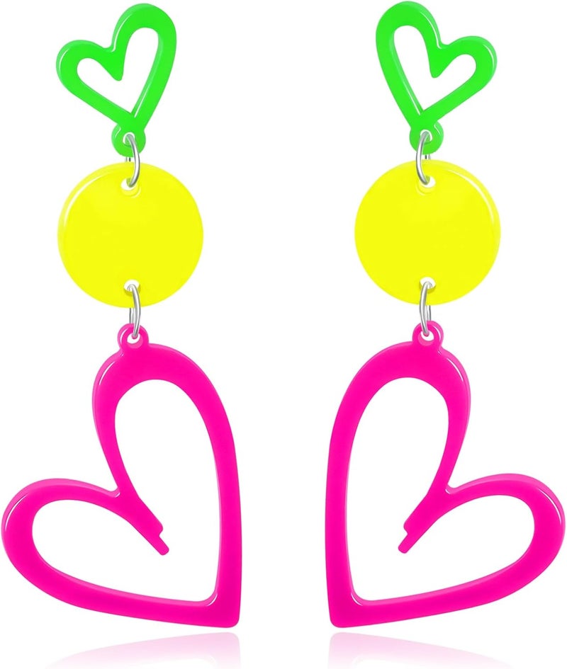HOLYRY Neon Heart Earrings for Women Acrylic Neon Earrings 80s 90s Outfit for Women Glow Party Accessories Gifts Hot Pink Orange Green Yellow - Image 1